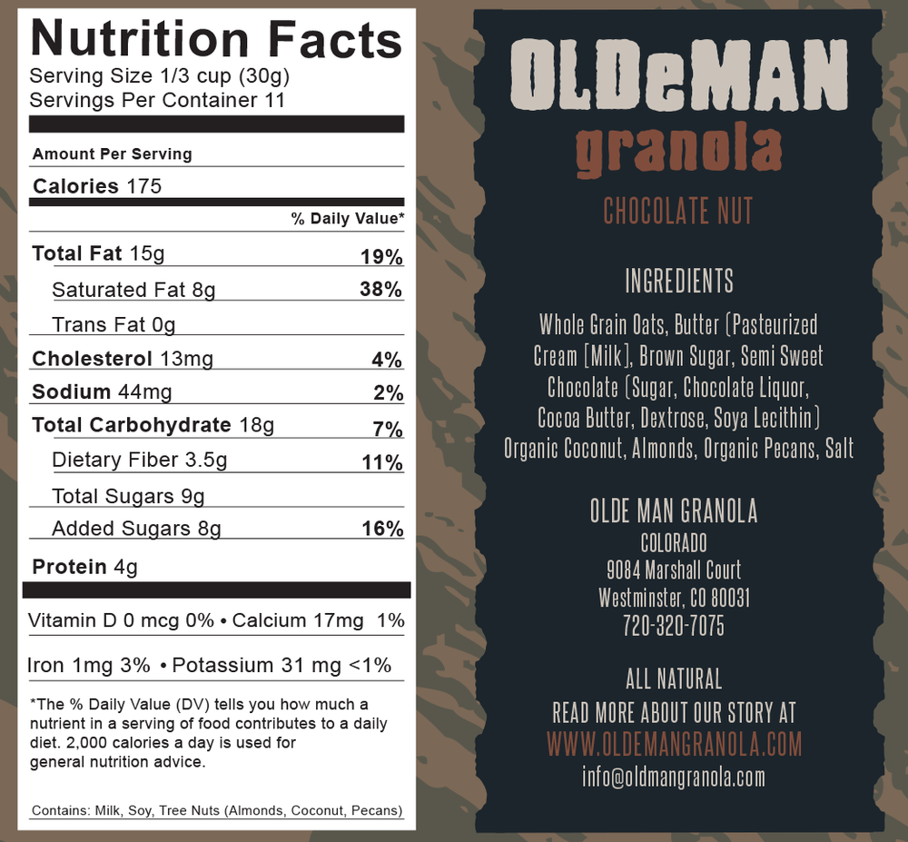 12 oz. Chocolate Nut Granola Naturally Gluten-Free, Non GMO Nutrition Facts
