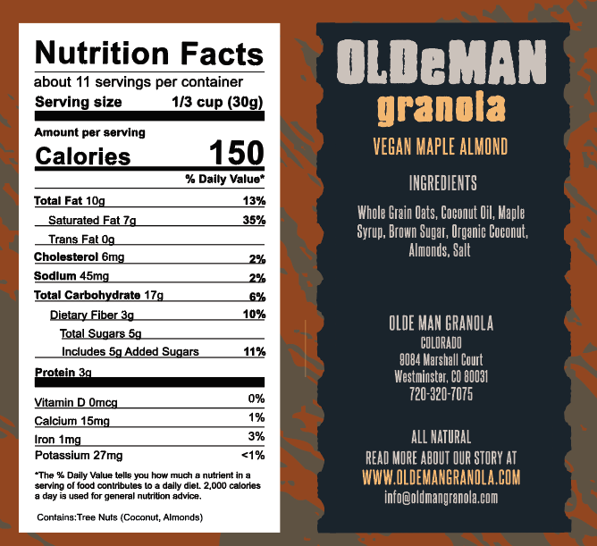 VEGAN Maple Almond Granola - Original- 12oz Bag Nutrition Facts