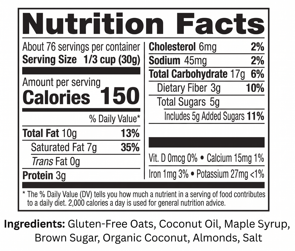 5 lb. Vegan Maple Almond Granola - 100% Plant Based Nutrition Facts