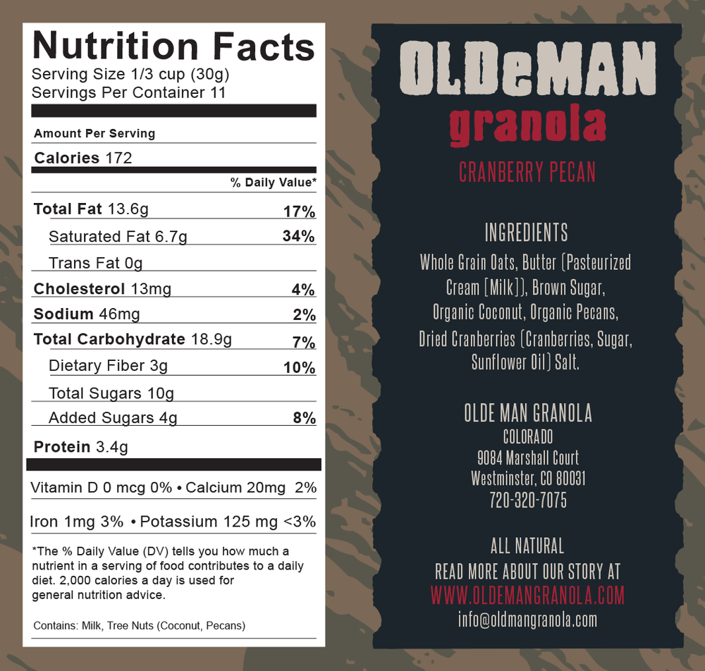 Olde Man Granola Cranberry Pecan Granola 12 oz Bag Nutrition Facts